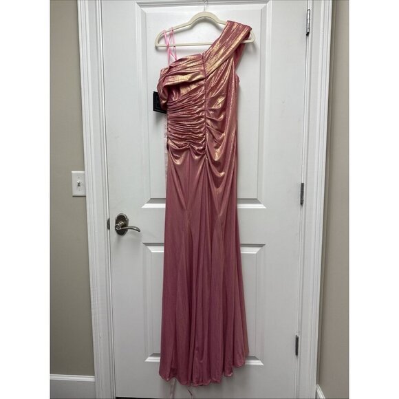 MAC DUGGAL Size 10 Pink 27152 OFF THE SHOULDER RUCHED WAIST SLIT METALLIC GOWN - Picture 9 of 11